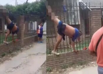 Video. Ladronzuelo queda “colgando” al ensartarse en reja de casa que iba a robar