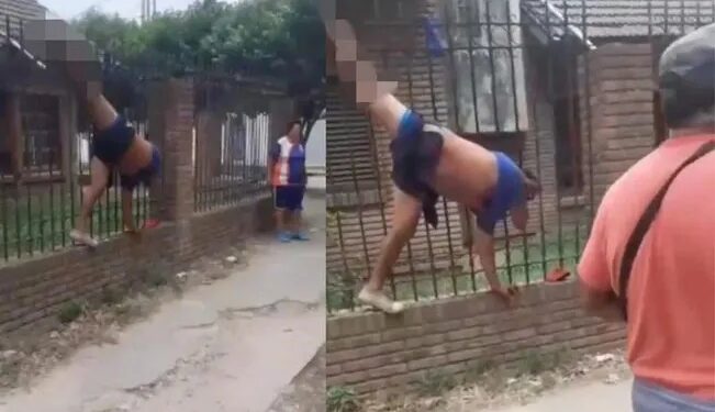 Video. Ladronzuelo queda “colgando” al ensartarse en reja de casa que iba a robar