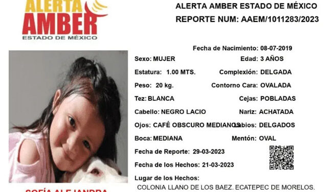 ¿Has visto a SOFÍA?, tiene 3 añitos, su familia sufre su desaparición en Edoméx
