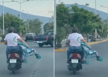 Video. «¡Ya ni la chi… flan!»: viajan en moto con su BEBÉ en la carriola
