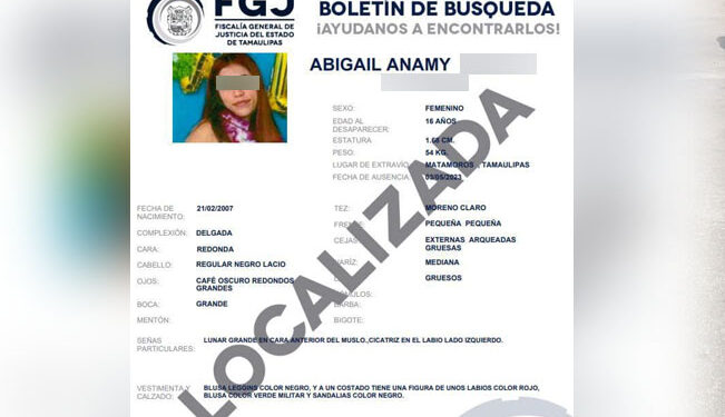 Menor de 16 años buscada en Matamoros es hallada con un «treintón» en Victoria