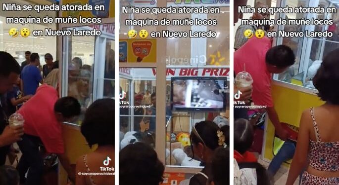 Video. ¡Niña queda atascada en maquinita de peluches en Nuevo Laredo!