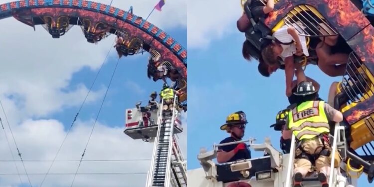Video. ¡Pánico en el aire!, quedan de cabeza por horas en juego mecánico averiado