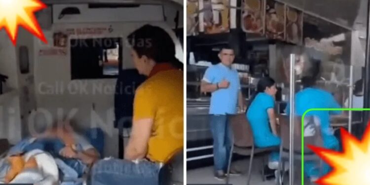 ¡Indignante!, socorristas dejan a enfermo en la ambulancia mientras comen en restaurante